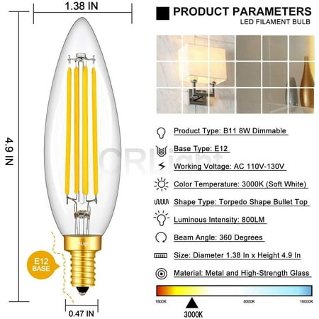 CRLight 8W 3000K LED Candelabra Bulb Soft White 800LM Dimmable Upgraded Lengthened B11 Clear Glass Torpedo Shape 80W Equivalent E12 Base LED Candle Bulbs Pack of 4 CRLight 8W 3000K LED Candelabra Bulb Soft White 800LM Dimmable Upgraded Lengthened B11 Clear Glass Torpedo Shape 80W Equivalent E12 Base LED Candle Bulbs Pack of 4